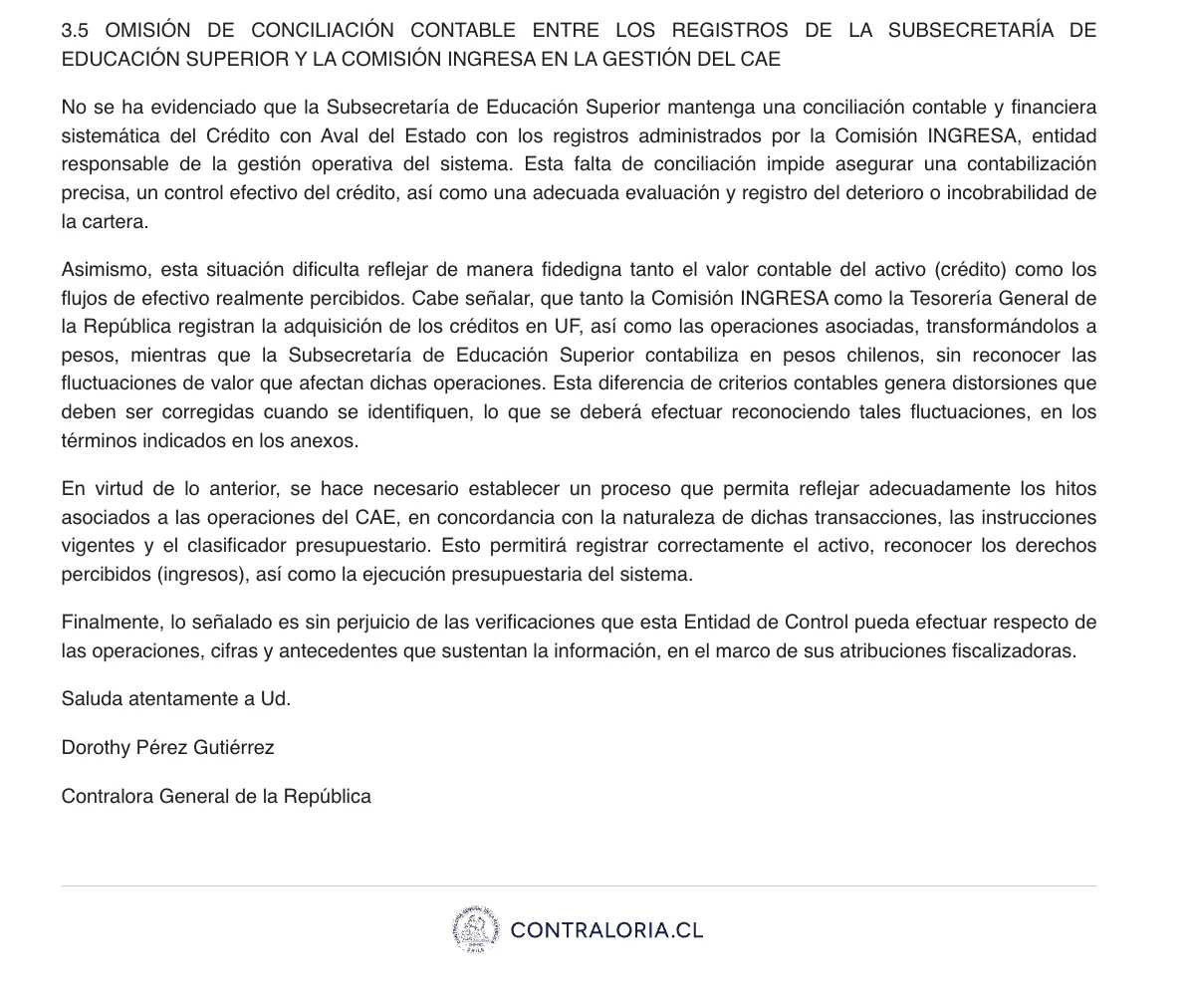 Extracto del Dictamen E112983N25 sobre la falta de conciliación contable del CAE